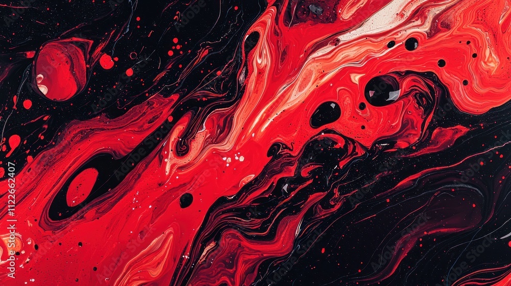 Poster an abstract red background with swirling shapes and bold contrasts, ideal for a dynamic and artistic