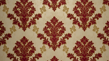 A red wallpaper featuring vintage flock with intricate red damask design on a white background, capturing a retro vintage style.