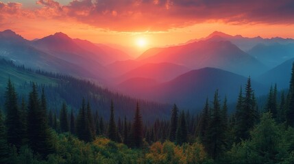 Obraz premium Vibrant Sunset Over Mountain Range with Lush Green Forests
