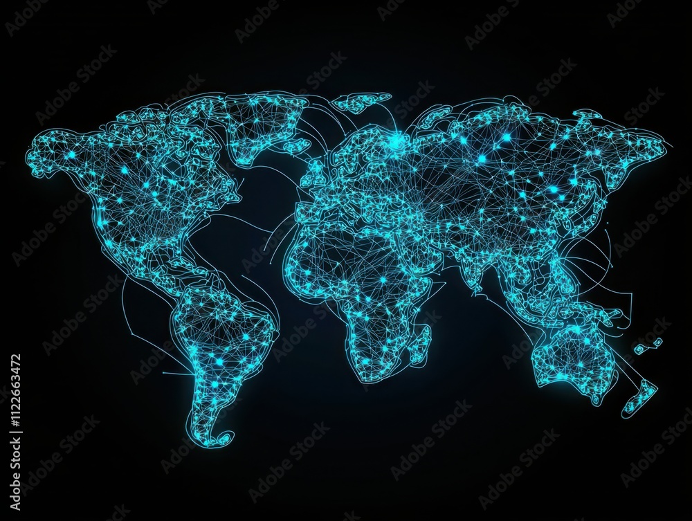 Poster global communication network illuminating the world map in a connected environment emphasizing the c