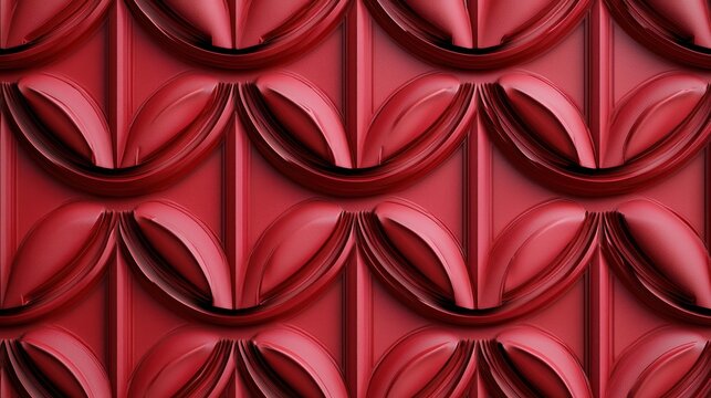 A repeating red pattern with geometric shapes and smooth lines, creating a harmonious and structured design.