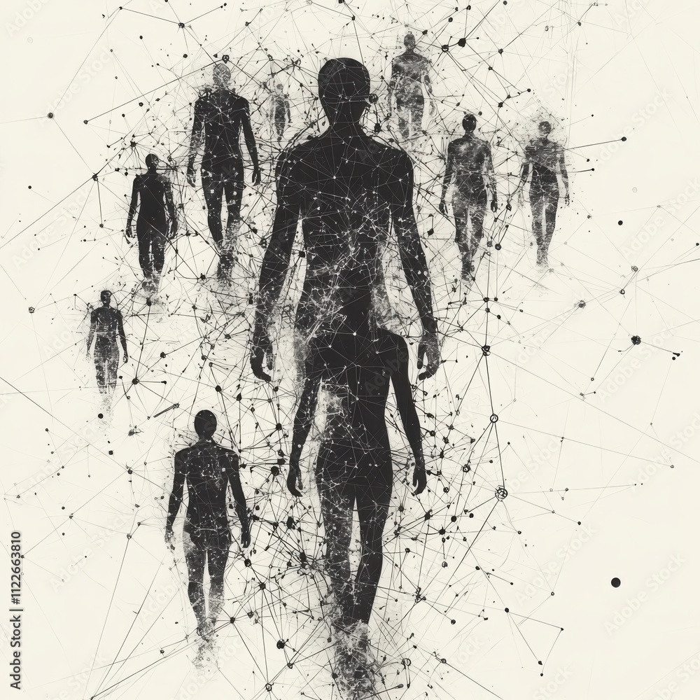 Poster exploring human connection through digital networksabstract human figures in a virtual environment f