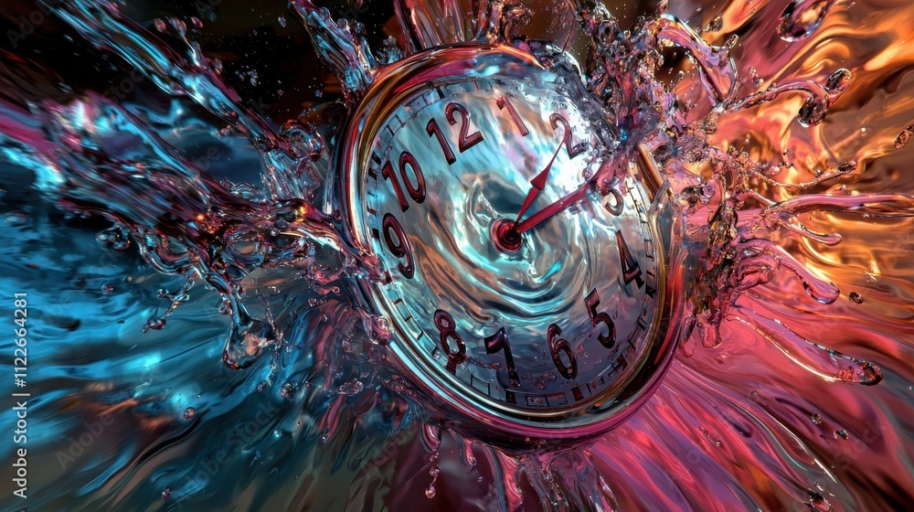 Poster melting clocks dimensional time perception artistic visualization surreal environment fluid dynamics