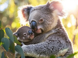 Fototapeta premium Koala joey clinging to mother in a soft eucalyptus forest nature photography serene environment close-up view of wildlife