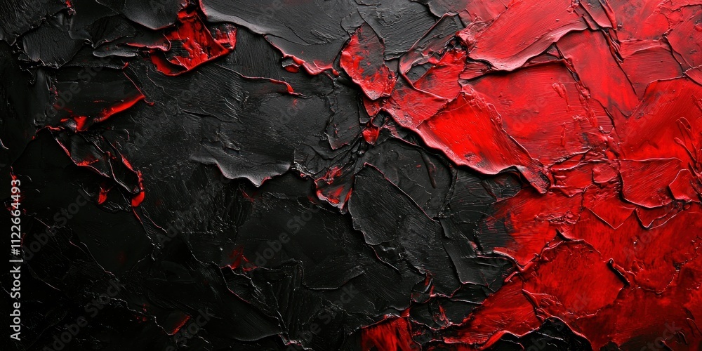 Aufkleber a textured black and red surface with rough elements and strong color contrasts, creating a powerful