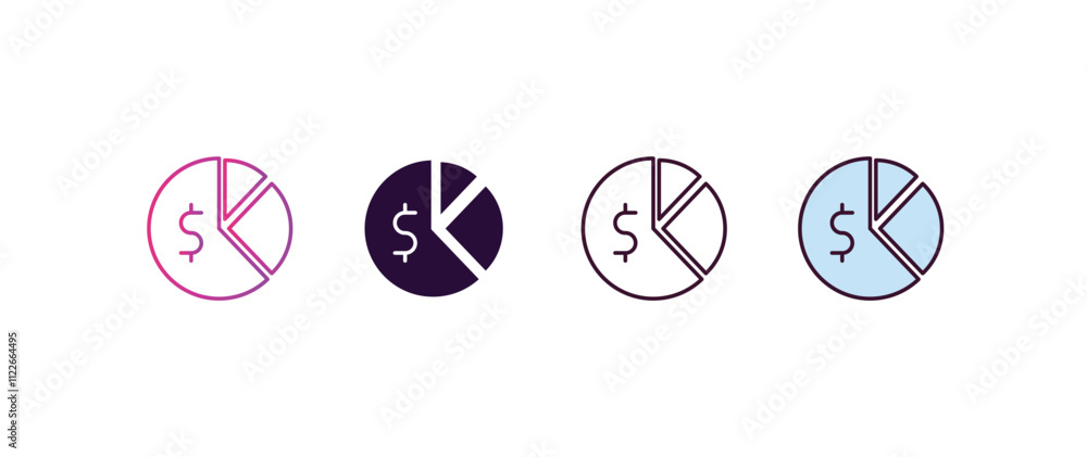 Poster pie chart with dollar gradient, line, filled, colored icon. linear vector from business concept. fou