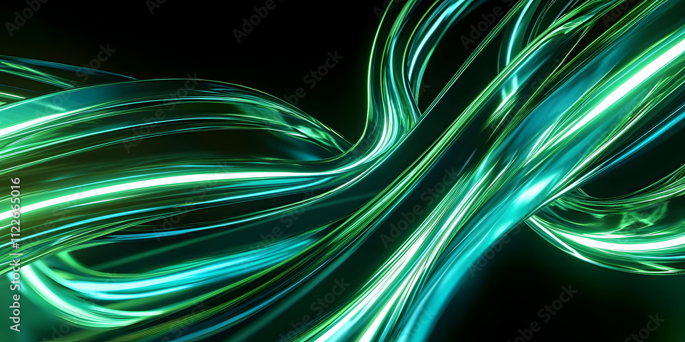 Poster 3d render. abstract background of dynamic emerald green neon lines glowing in the dark. modern fanta