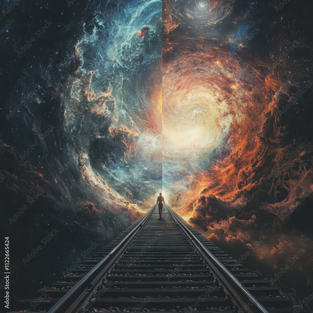 Poster navigating parallel realitiesexploring multiple life paths in an expansive cosmic environment with a