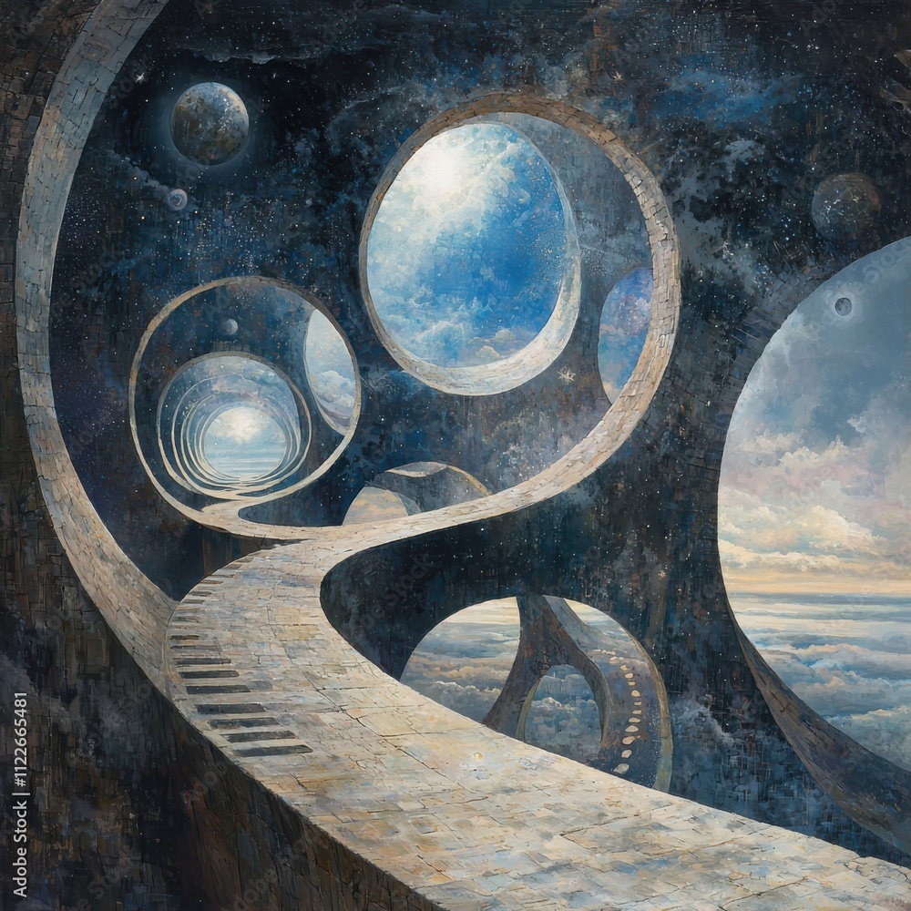 Poster exploring parallel realitiesnavigating multiple life paths in a cosmic landscape of infinite possibi