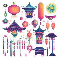 Vibrant Asian lanterns and traditional structures in colorful designs.