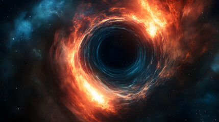 Obraz premium mesmerizing black hole surrounded by fiery cosmic elements, showcasing vibrant orange and blue hues. This stunning celestial phenomenon captivates with its swirling energy and depth