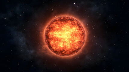 Obraz premium vibrant sun radiates intense heat and light, surrounded by starry cosmic backdrop. fiery surface showcases dynamic solar activity, creating mesmerizing celestial scene