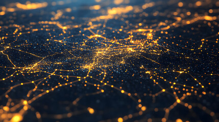Naklejka premium vibrant network of glowing lights represents digital map, showcasing interconnected pathways and nodes. This visualization captures essence of cosmic highway