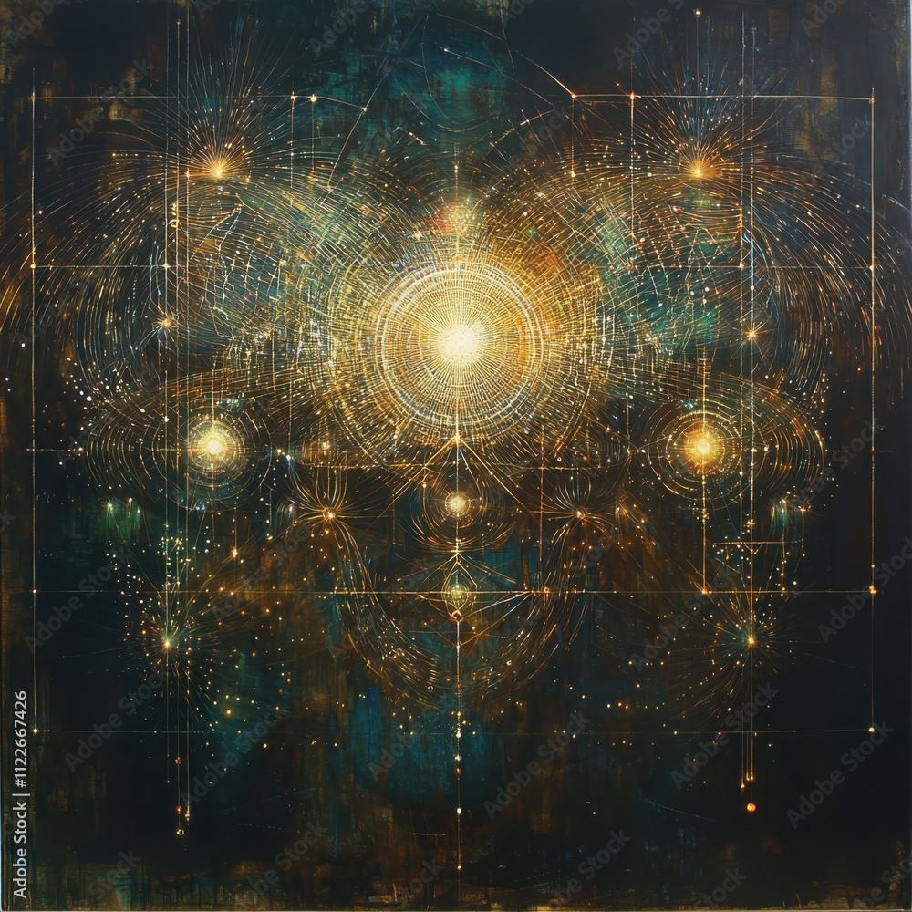 Poster illuminating synchronicitymapping luminescent moments of coincidence in the cosmos digital art abstr