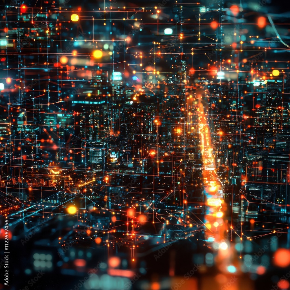 Poster connecting the digital landscapeexploring interconnected technological ecosystems in modern urban en