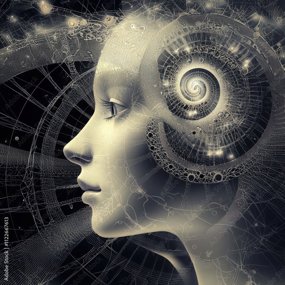 Poster technological evolution spiraling human progress through interconnected geometry in digital spacesa 