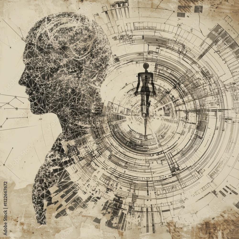 Poster exploring technological evolution and its impact on human progress through interconnected geometric 