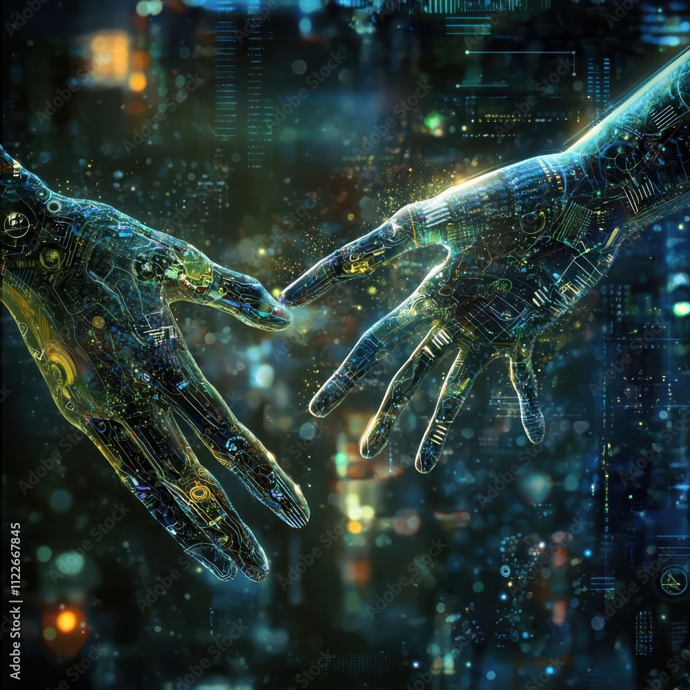 Poster exploring technological symbiosishuman-machine collaboration in modern society innovative spaces dig