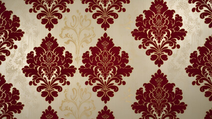 Retro vintage-style red wallpaper adorned with a red damask flock design on a clean white background, evoking timeless elegance.