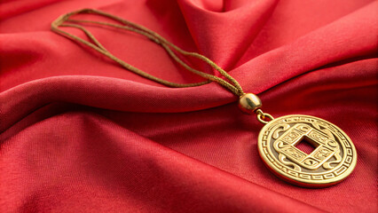 Elegant gold pendant on red silk fabric, symbolizing prosperity and good fortune