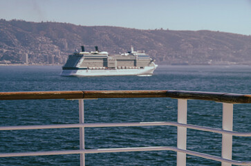 Modern luxury cruiseship cruise ship liner Eclipse anchored offshore of Valparaiso or San Antonio,...