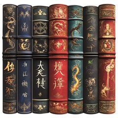 Fototapeta premium A collection of antique books featuring intricate designs and vivid colors.
