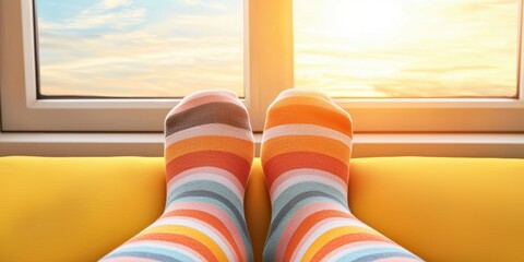 Quirky sock concept celebrating National Cheesy Socks Day. Cozy feet in colorful socks by a sunny window