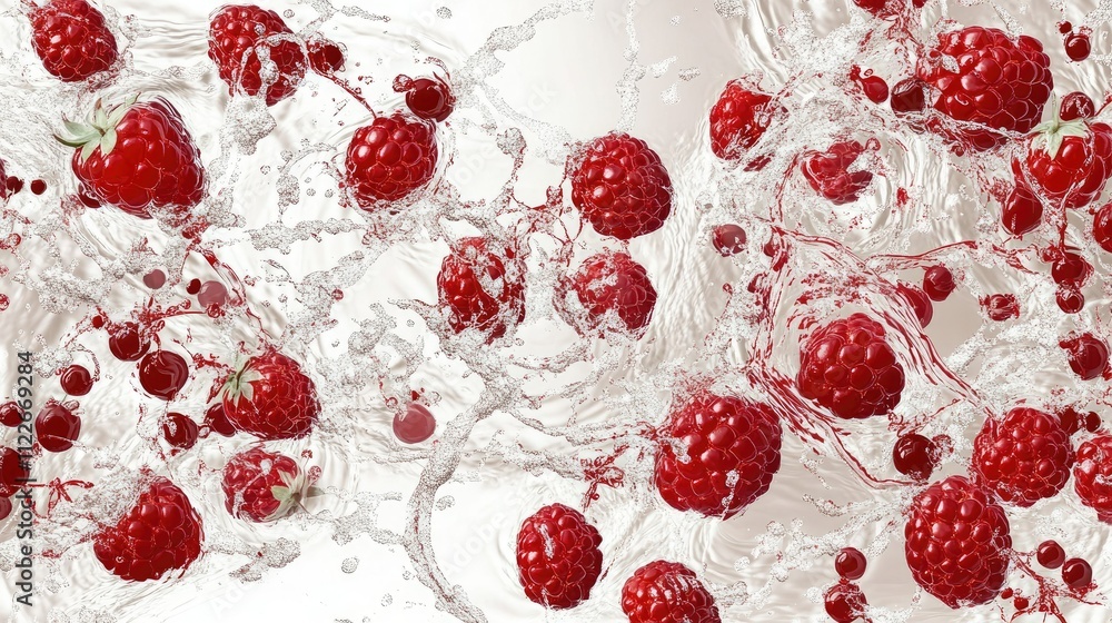 Poster airborne juicy berries in red and white tones with intricate water splashes forming elegant patterns