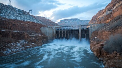 Flowing water at a dam in a scenic landscape.