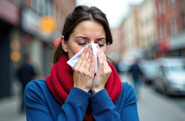 A sick woman sneezing on the street, covering her nose with a white handkerchief