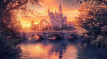 Naklejka premium A fairytale castle in a sunset landscape with a bridge and a river. The image creates a contrast between the warm colors and the cool water.