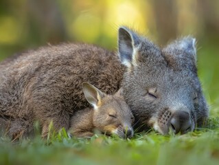 Fototapeta premium Wombat and wallaby joey resting together in soft australian bush animal photography peaceful environment natural concept
