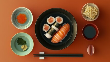 Delicious Sushi Platter With Rice Noodles And Condiments