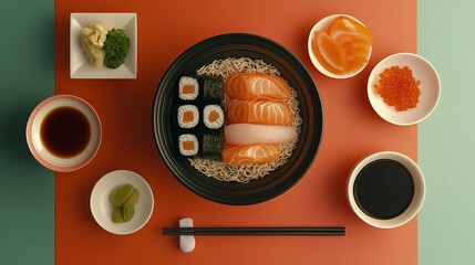 Delicious Asian Cuisine With Noodles And Salmon