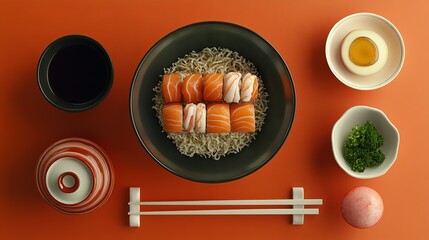 Salmon Shrimp Noodles Served In Stylish Black Bowl