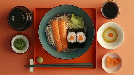 Salmon Noodles Sushi and Miso Soup Elegant Japanese Meal
