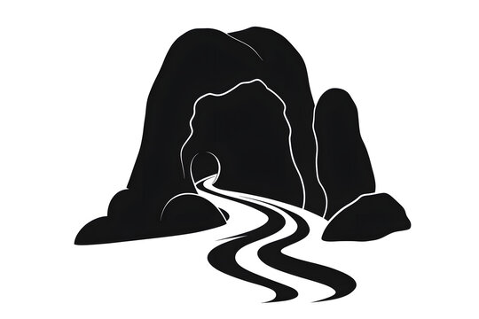 recommend clip art: Black and white cave silhouette with winding path, abstract nature design, symbolizing exploration, mystery, adventure, minimalism, and the journey into the unknown