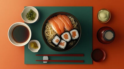 Delicious Salmon Sushi Noodles Bowl with Sides