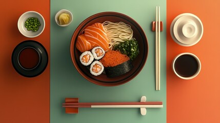 Delicious Japanese Cuisine Featuring Salmon Sushi And Noodles