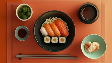 Salmon sushi noodles and assorted garnishes presented elegantly