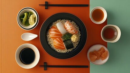 Delicious Japanese Cuisine Noodle Bowl Salmon Sushi Presentation