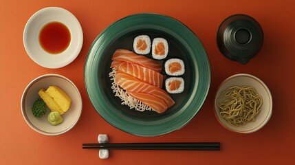 Salmon Sushi Sashimi Noodles Japanese Meal Presentation