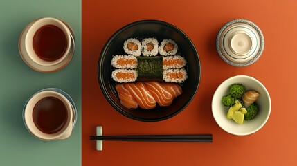 Delicious Salmon Sushi Meal with Tea and Sides