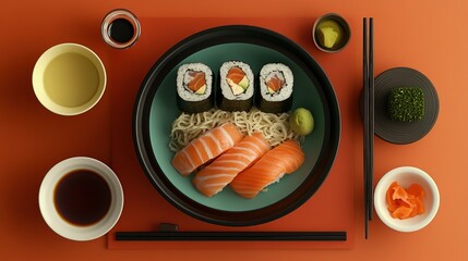 Salmon Sushi Noodles and Condiments Japanese Meal