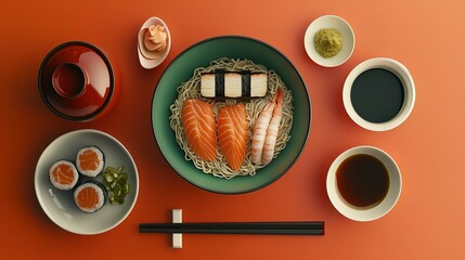 Delicious Japanese Cuisine Noodles Salmon Shrimp Sushi