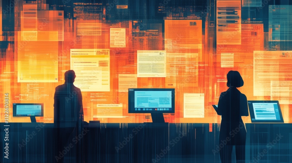 Poster tax submit compliance calculation. a digital scene depicting two silhouetted figures in front of glo