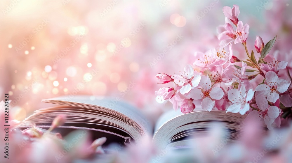 Aufkleber blossoming flowers cascading around an open book, with a pastel gradient in the background creating 
