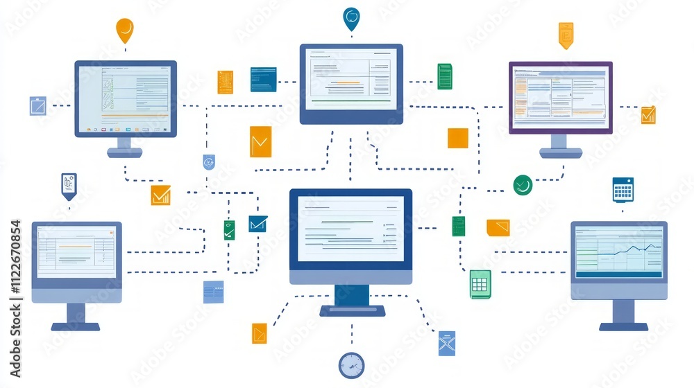 Poster tax submit compliance calculation. a network of interconnected computers displaying data, symbols, a