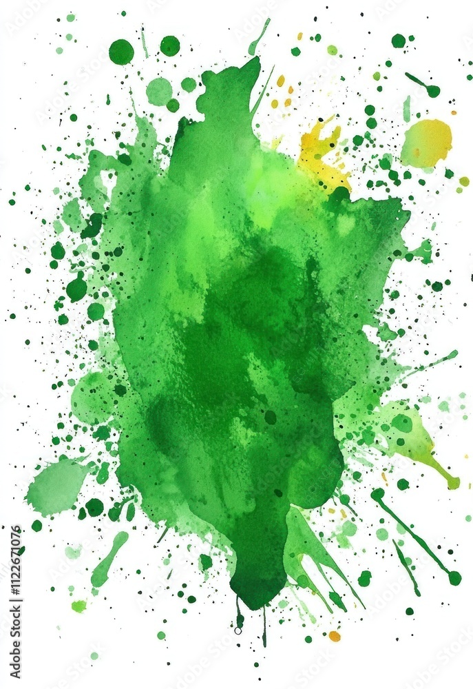 Poster a bold green watercolor background with splashes of color and irregular shapes, ideal for a dynamic 