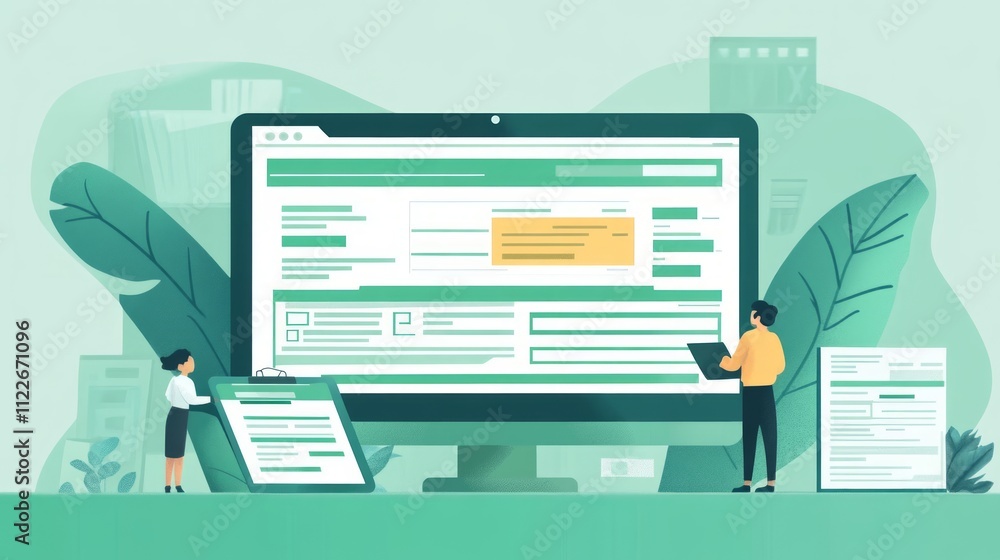 Poster tax submit compliance calculation. a modern illustration of people interacting with digital forms an